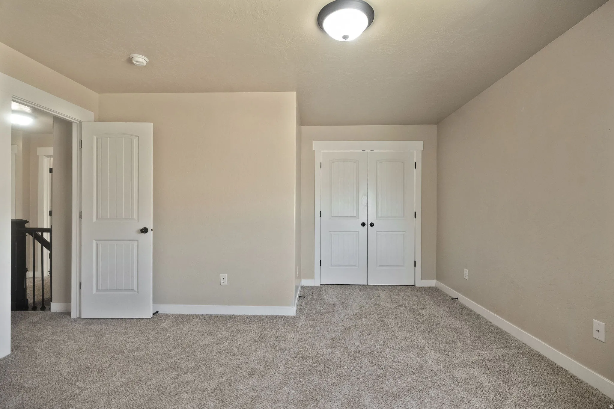 Neutral-toned room featuring light gray carpeting, white trim, and a white paneled door