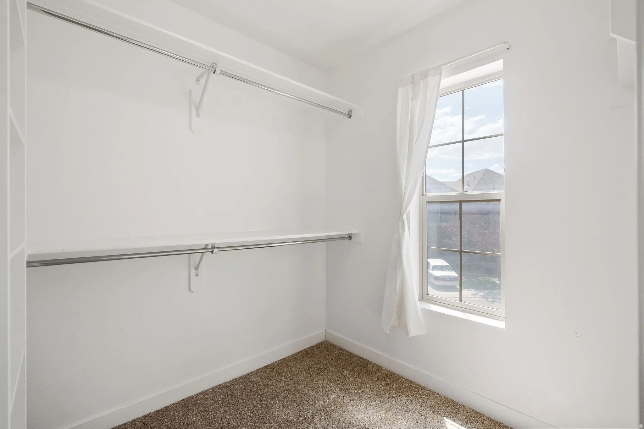 Walk-in closet with carpet flooring, white walls, and a multi-pane window