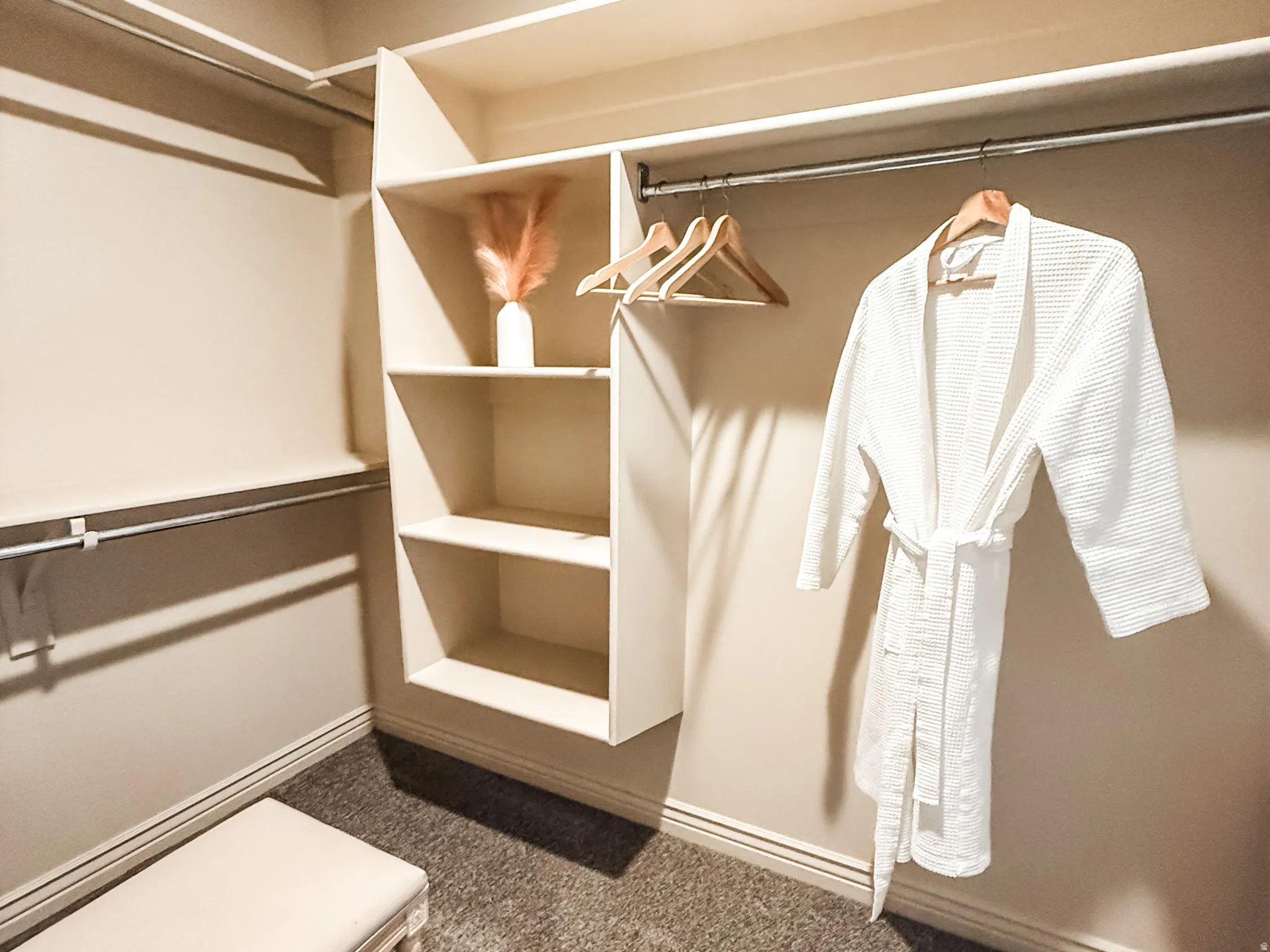 Walk-in closet featuring built-in shelving, dual hanging rods, light-toned walls, and dark carpeting