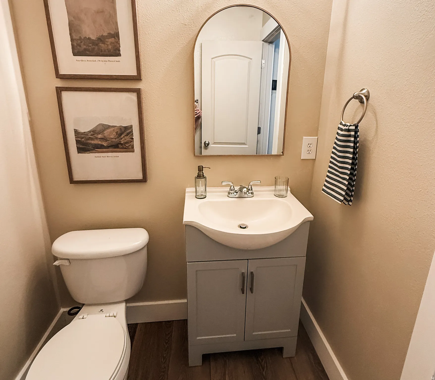 Bathroom featuring a light gray vanity with an integrated white sink, chrome fixtures, and an arched mirror