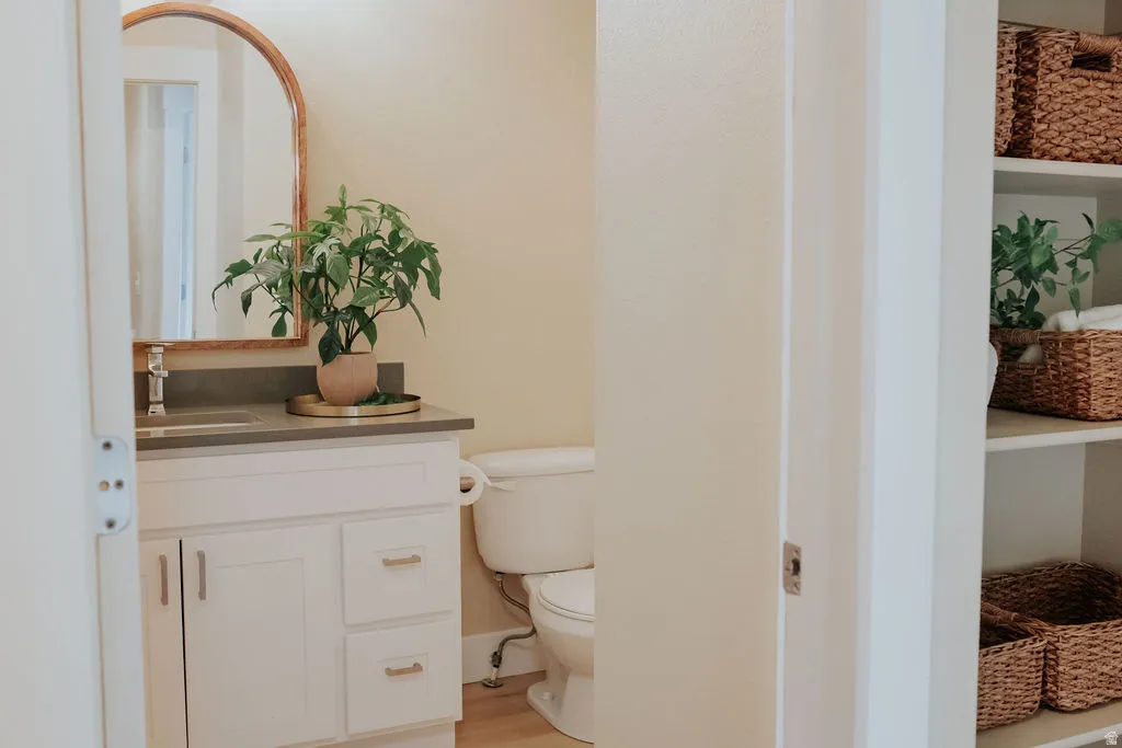 Bathroom featuring a white vanity with brushed nickel hardware, a gray countertop, and a contemporary arched mirror