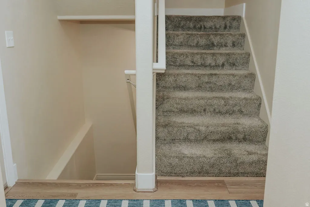 Carpeted staircase with light-colored walls and wood-finish flooring at its base