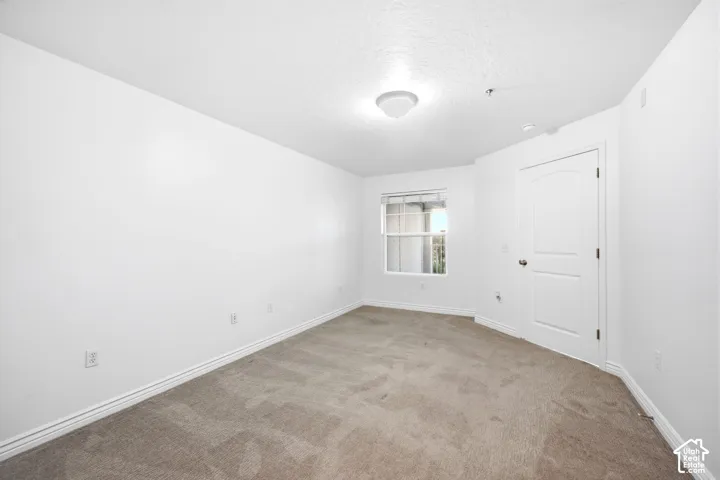 Carpeted interior room featuring a window with white trim, white walls, and a white paneled door
