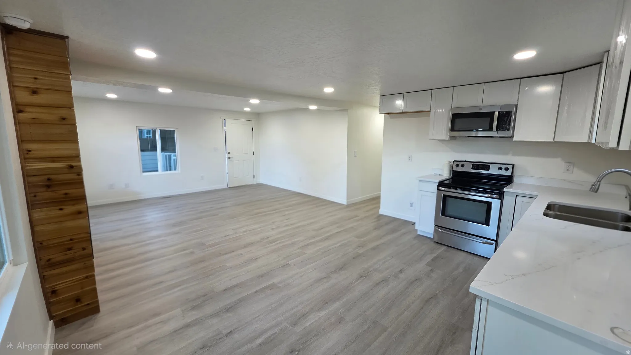 Contemporary kitchen featuring white cabinetry, stainless steel appliances, and a double basin sink