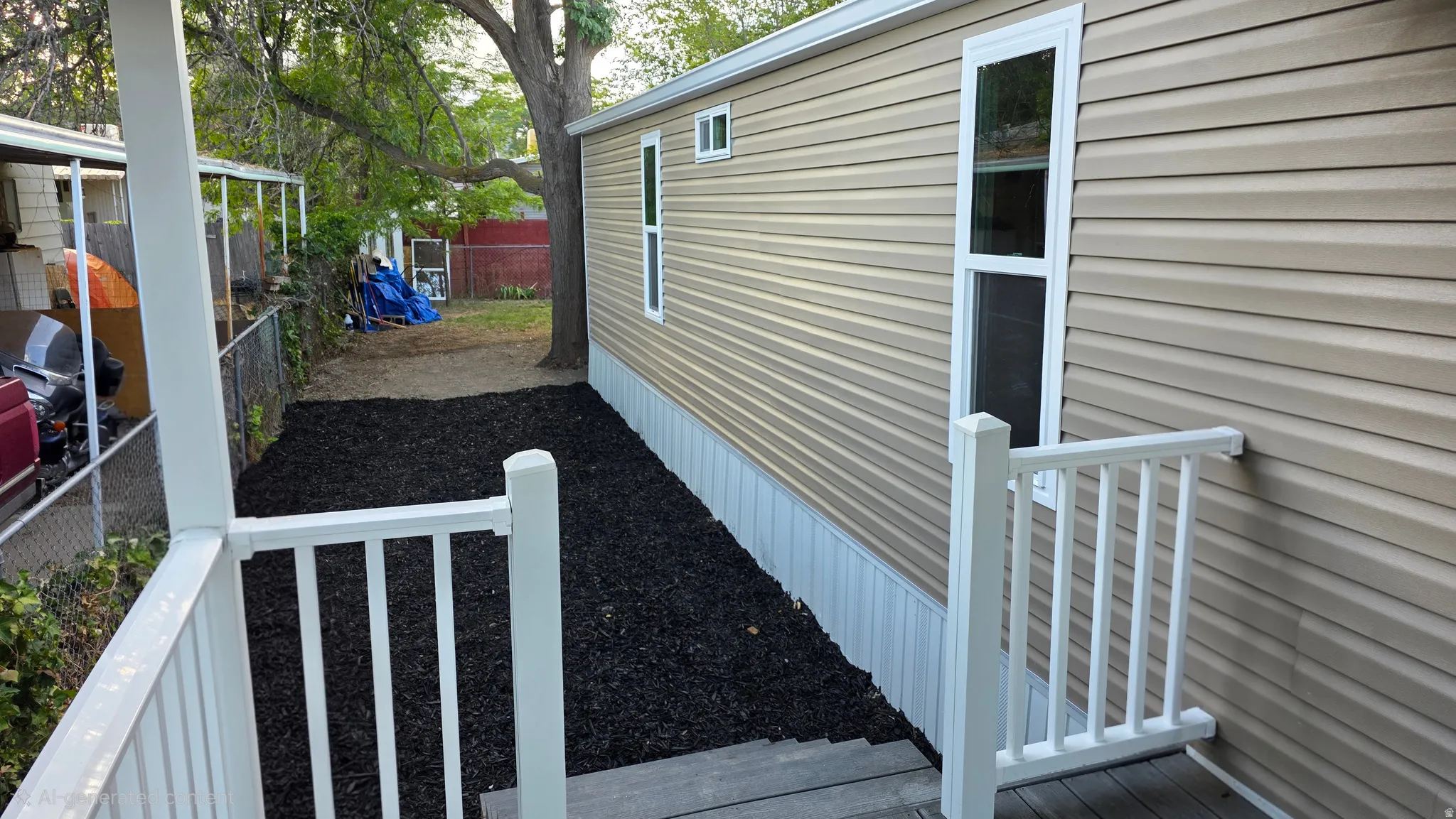 Exterior siding in a neutral beige tone with white trim windows