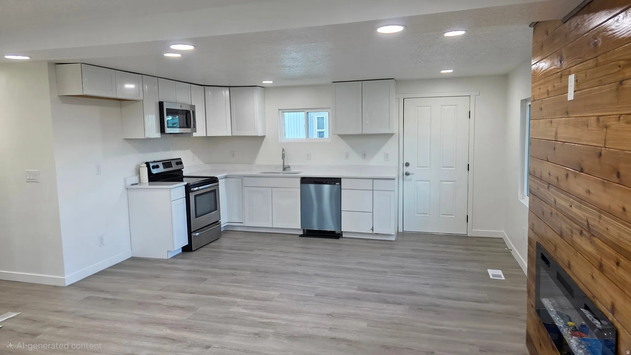Open-concept kitchen featuring white cabinetry, stainless steel appliances, and light-tone wood-finish flooring