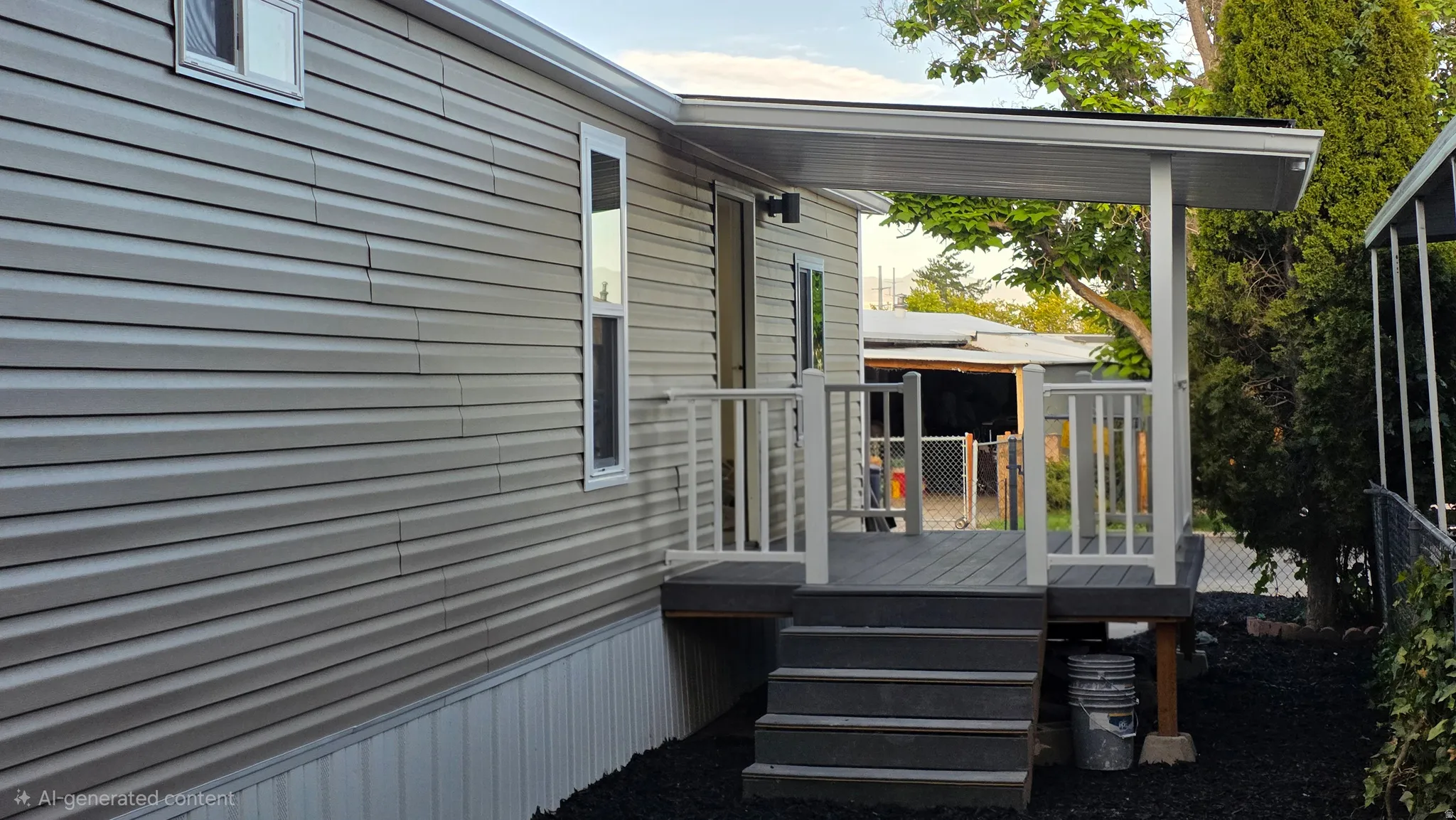 Exterior featuring horizontal siding, white trim windows, and a covered porch with white railings and composite decking