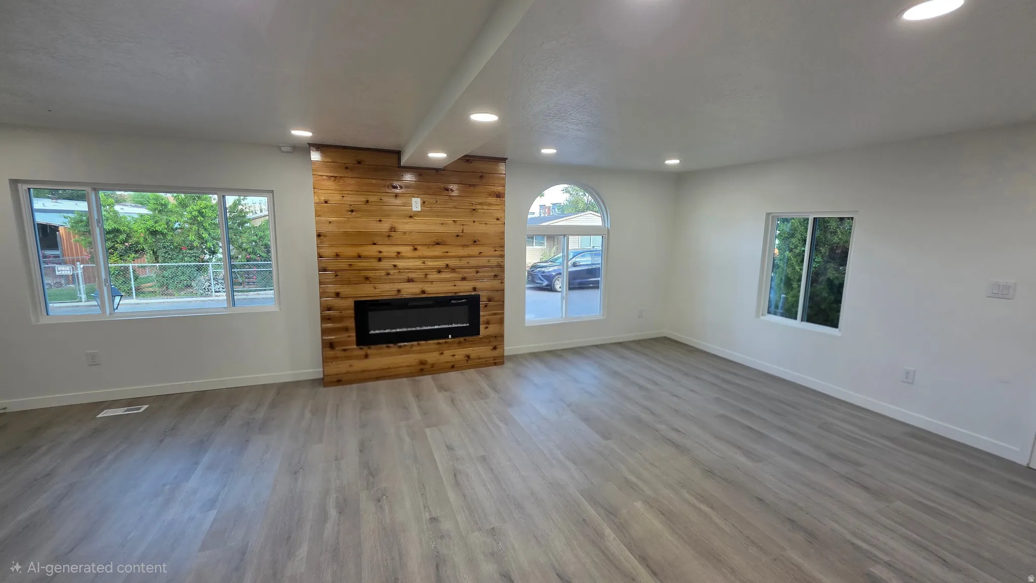 Spacious living area featuring a decorative wood panel accent wall with a built-in linear fireplace, recessed ceiling lighting, and wood-finish flooring