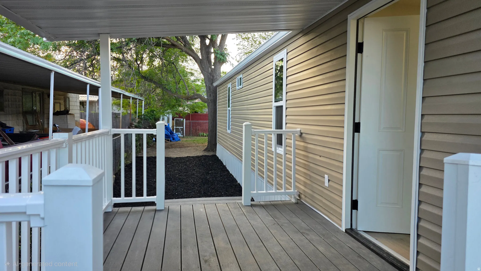 Covered porch featuring wood-finish decking and white railings