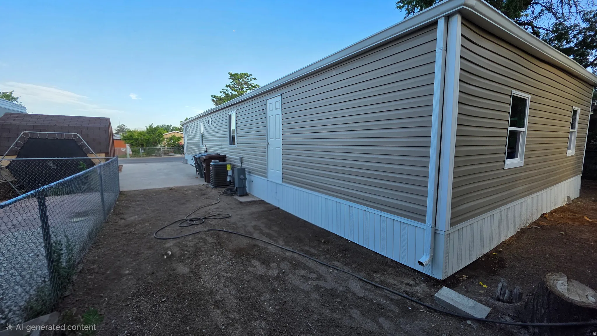 Exterior featuring horizontal vinyl siding, white trim, and a concrete pad