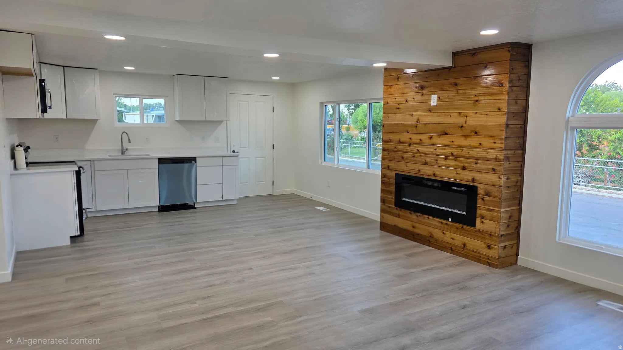 Open-concept living space with wood-finish flooring, a contemporary fireplace with a wood-plank surround, and arched windows