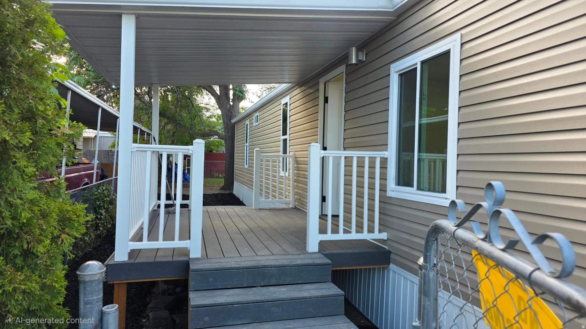 Covered porch with wood-finish decking, white railings, and three steps