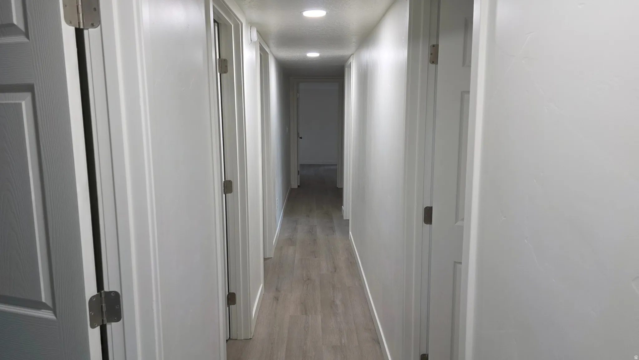 Hallway featuring wood-finish flooring, recessed lighting, and white paneled doors