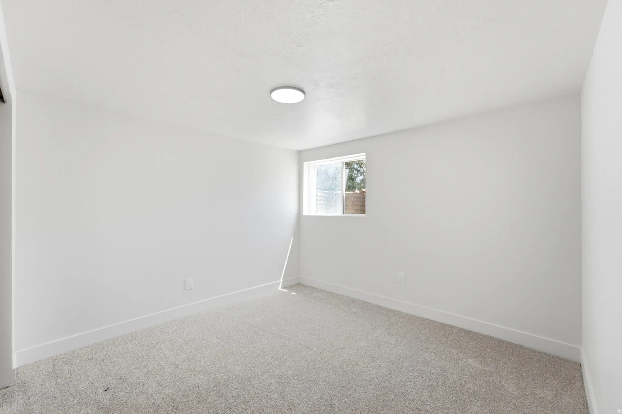 Neutral color palette with light gray carpeting and white walls