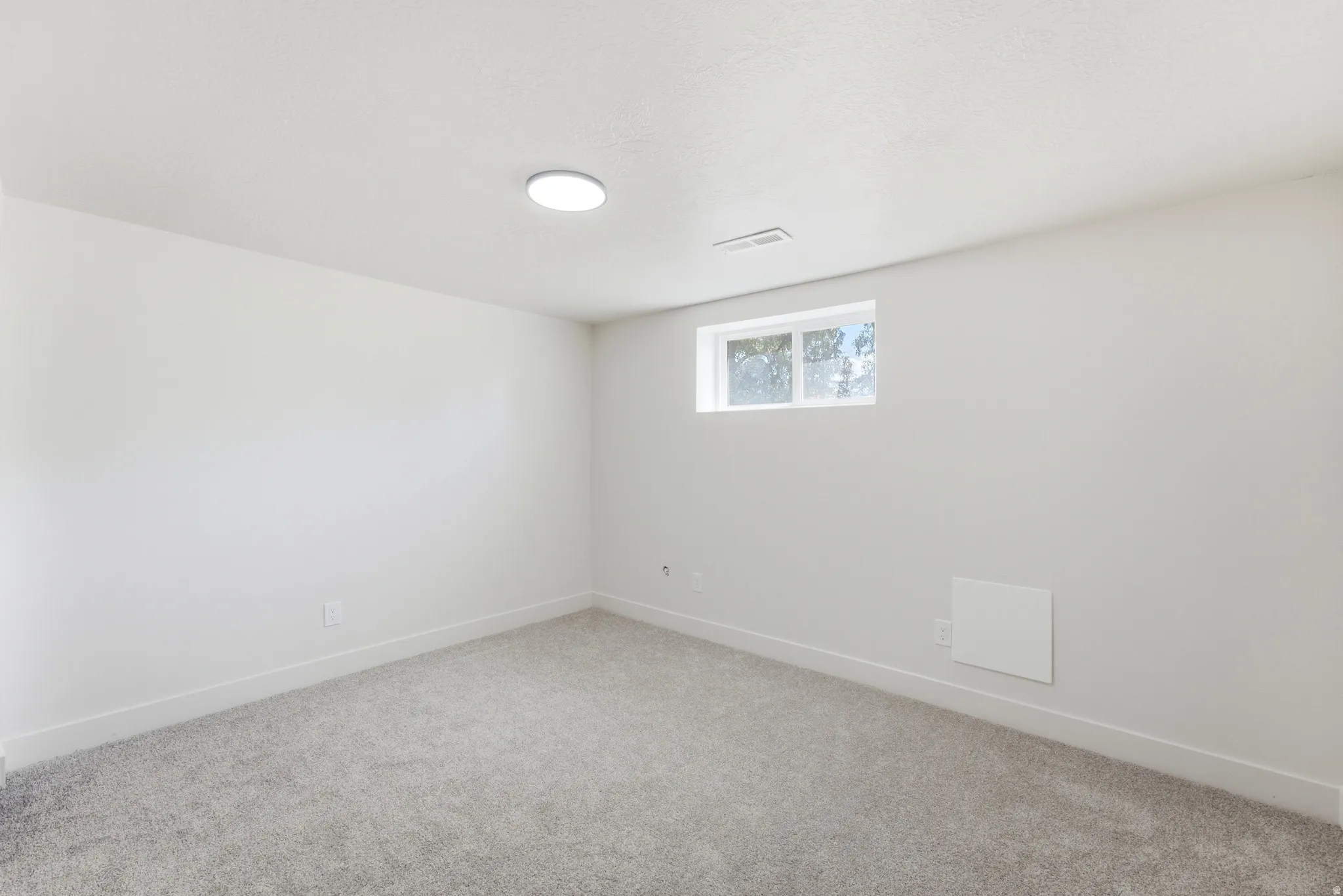 Spacious room featuring light gray carpet, white walls, a single window, and a flush-mount ceiling light