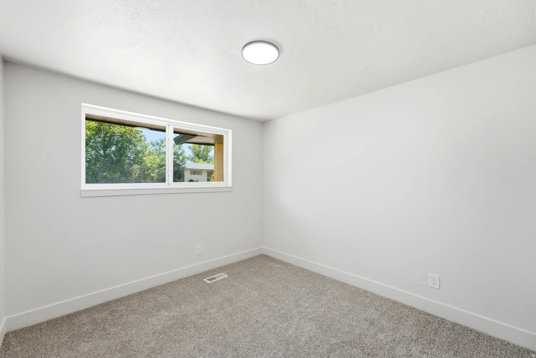 Spacious room featuring light gray walls, plush carpet flooring, a large window with white trim, and a modern flush-mount ceiling light