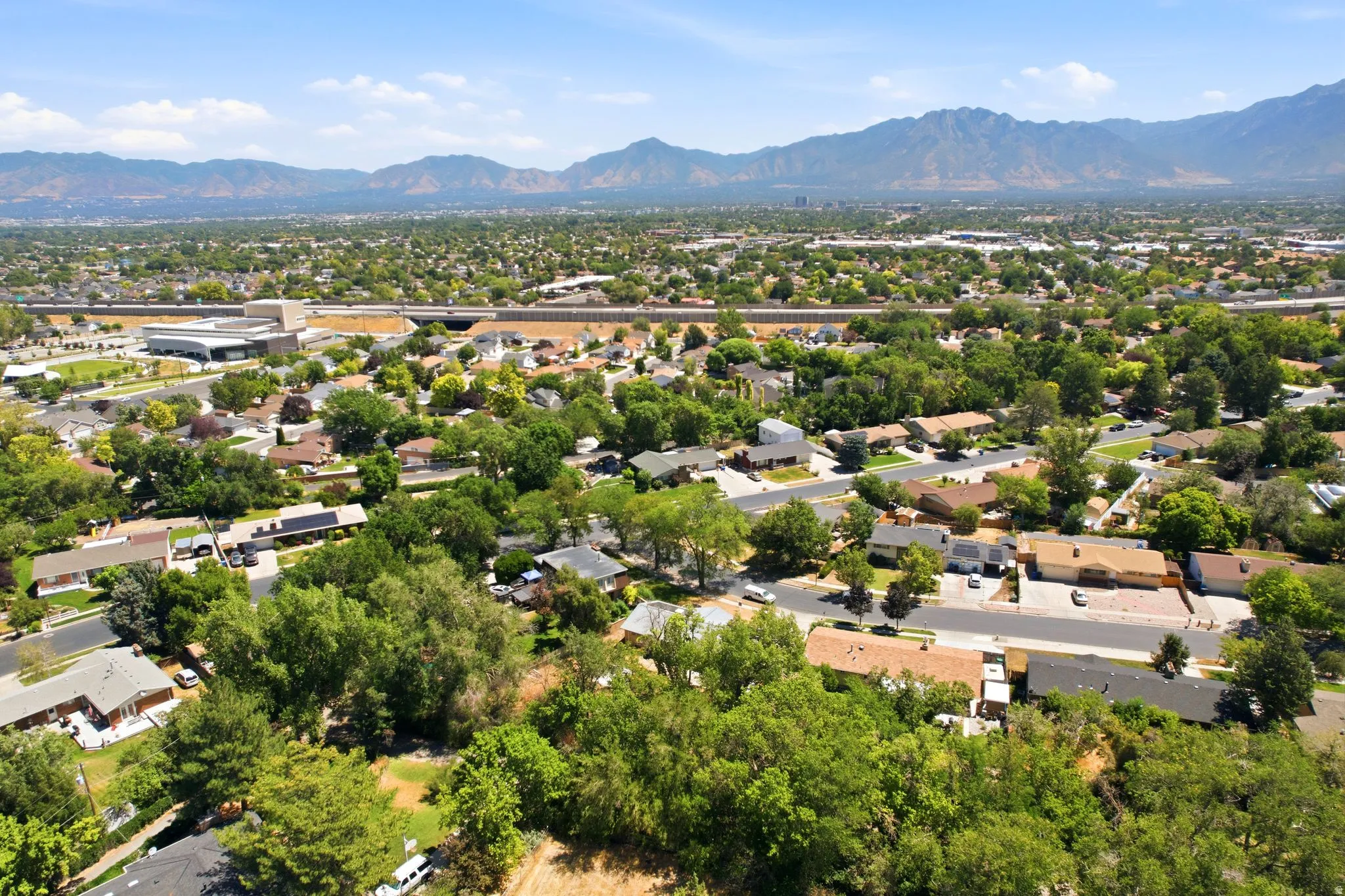 Expansive aerial perspective showcasing a residential area with mature tree coverage and distant mountain ranges