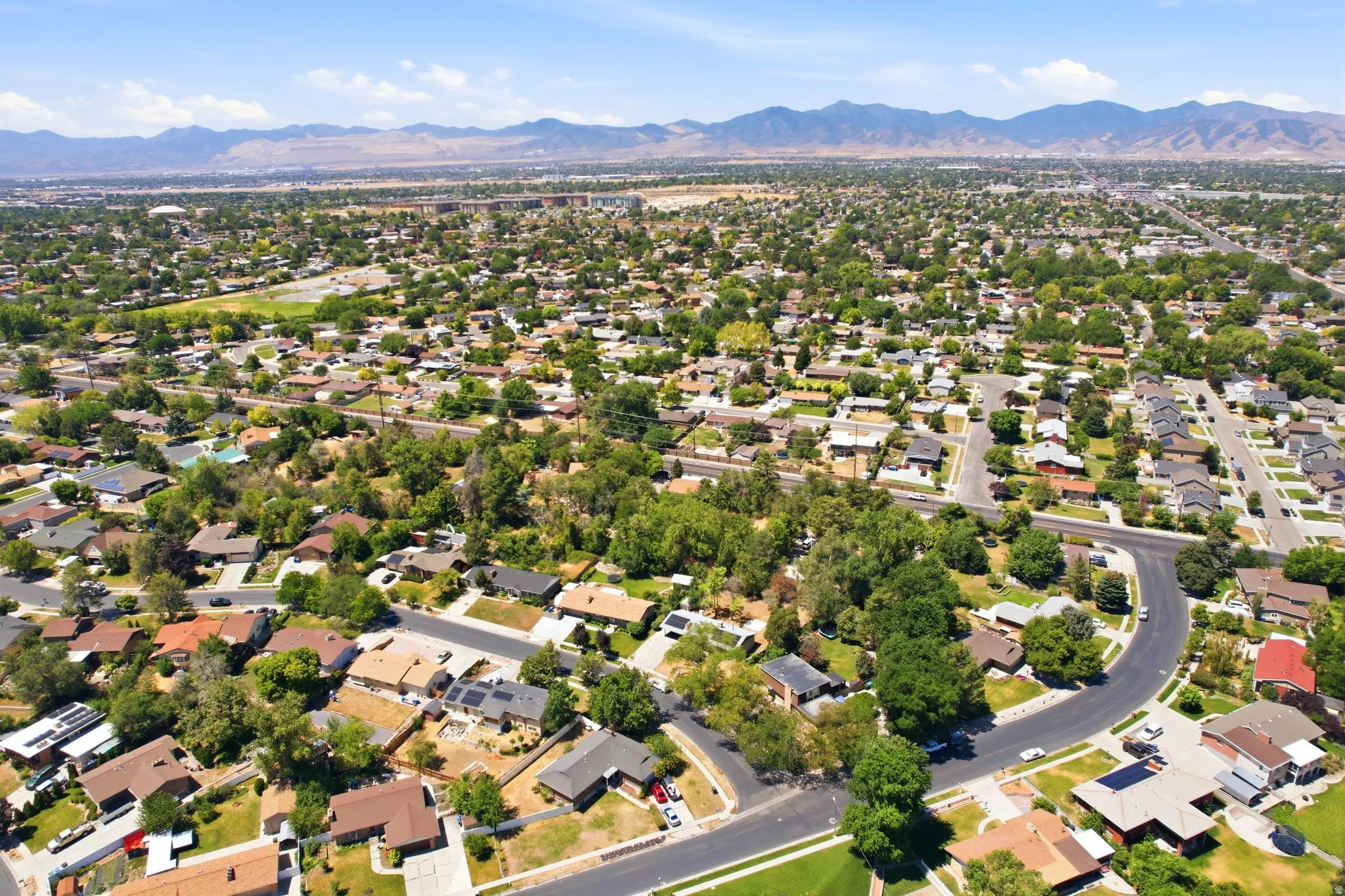Aerial perspective of a residential neighborhood featuring established trees, curved streets, and various single-story homes