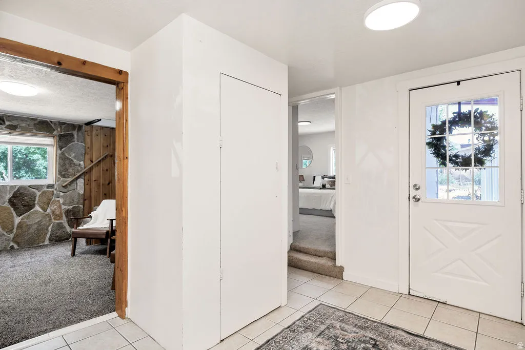 Tiled entryway leading the carport, featuring a paneled door with glass insert, flush-mount ceiling lighting, and a 2 storage closets.