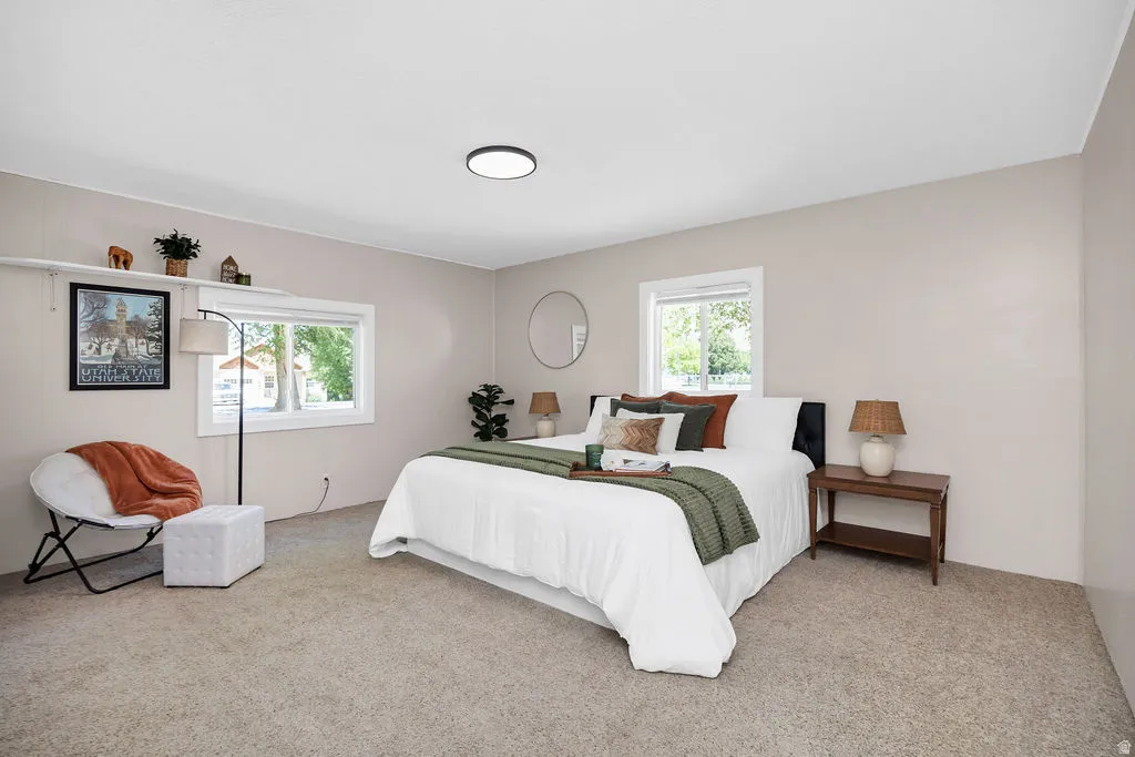 Spacious room featuring neutral-toned wall paint, two bright windows with white trim, and light-colored carpet flooring