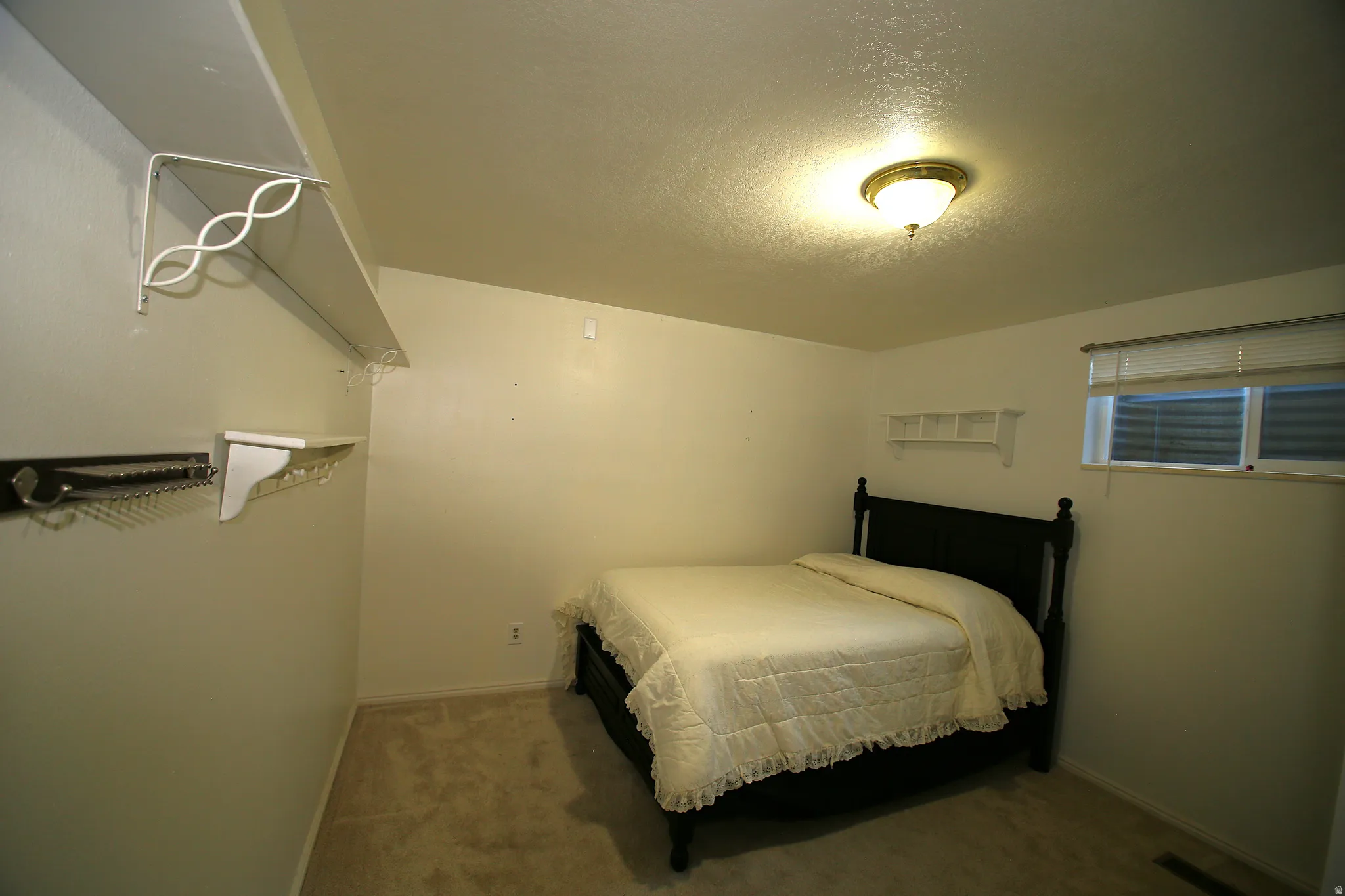 Carpeted room with a ceiling-mounted light fixture, a window with blinds, and built-in shelving