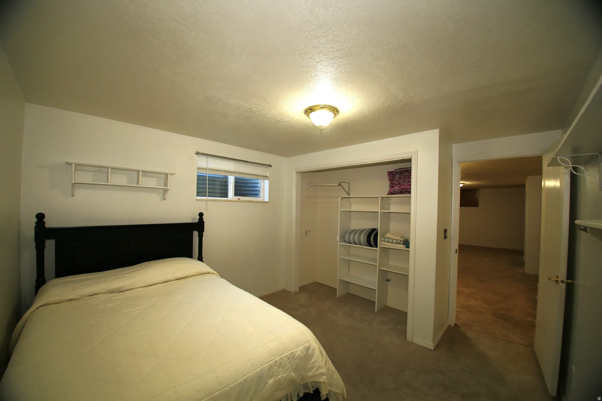 Carpeted room featuring a built-in closet with shelving, a window with blinds, and white walls