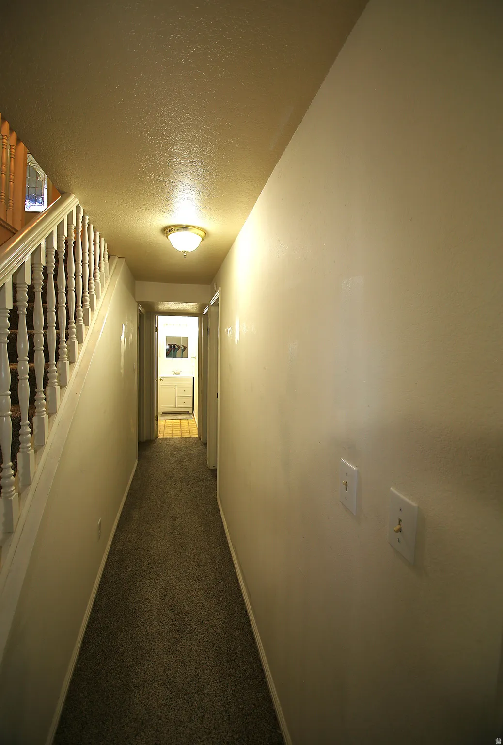 Carpeted hallway with painted walls and a flush-mount ceiling light fixture