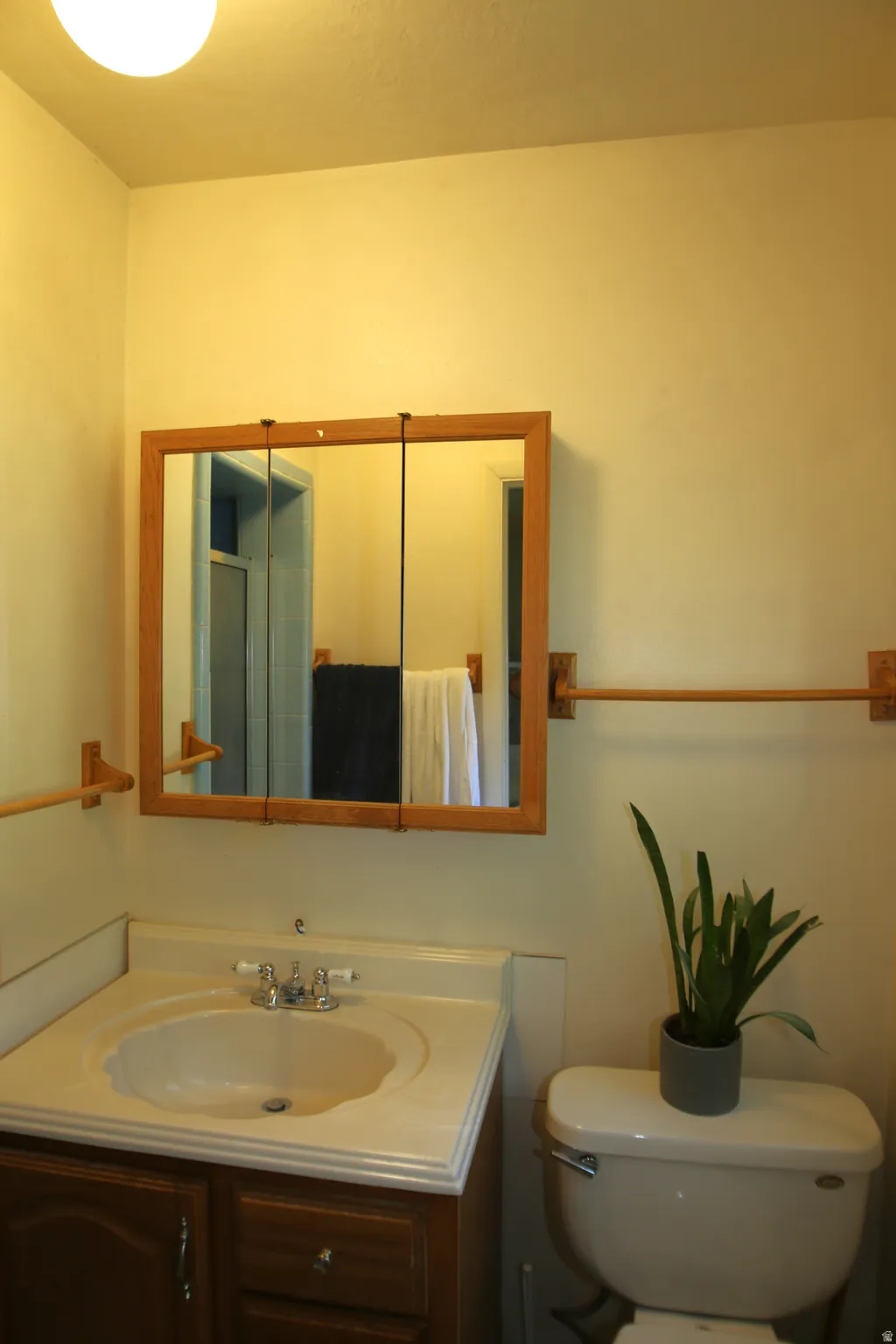 Bathroom featuring a wood-framed medicine cabinet, vanity with integrated sink, and white toilet