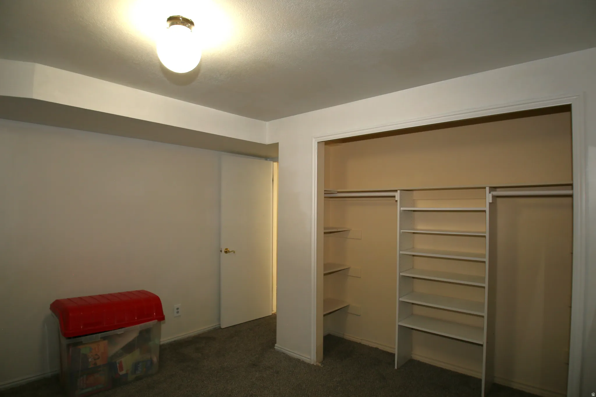 Built-in closet system featuring multiple shelves and hanging rods, neutral wall tones, and overhead flush-mount lighting