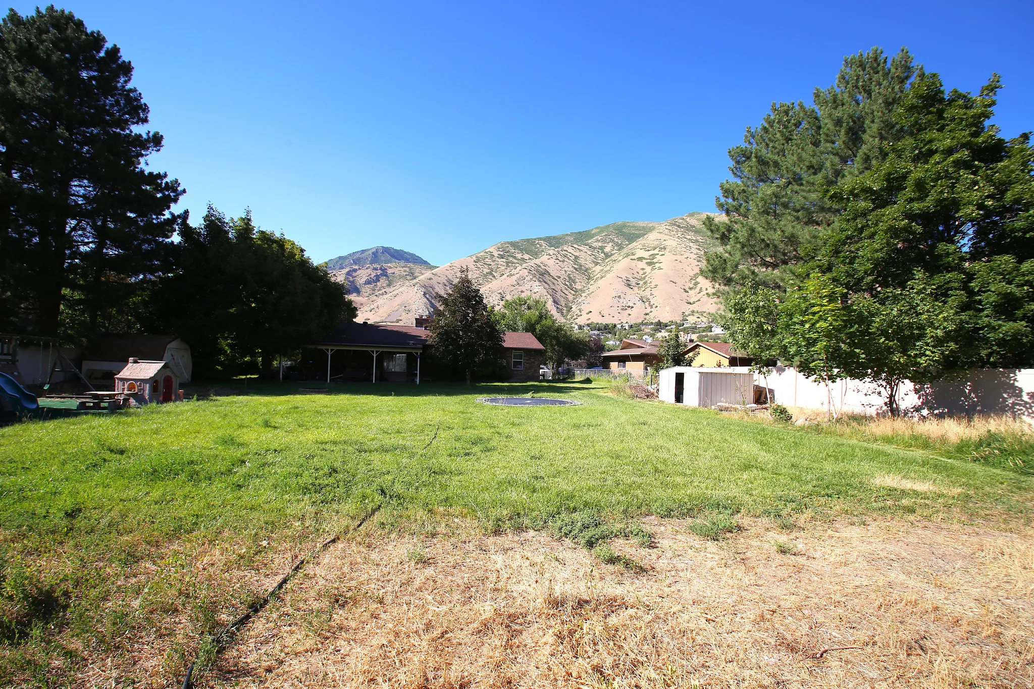 Expansive grassy yard with mature trees and a mountain backdrop