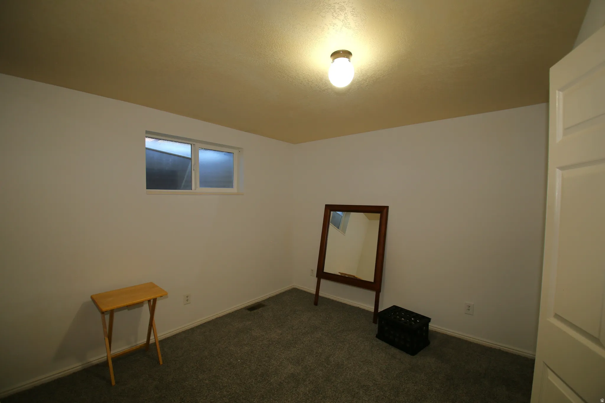 Neutral wall paint, textured ceiling, ceiling-mounted light fixture, white trim, and gray carpeted flooring