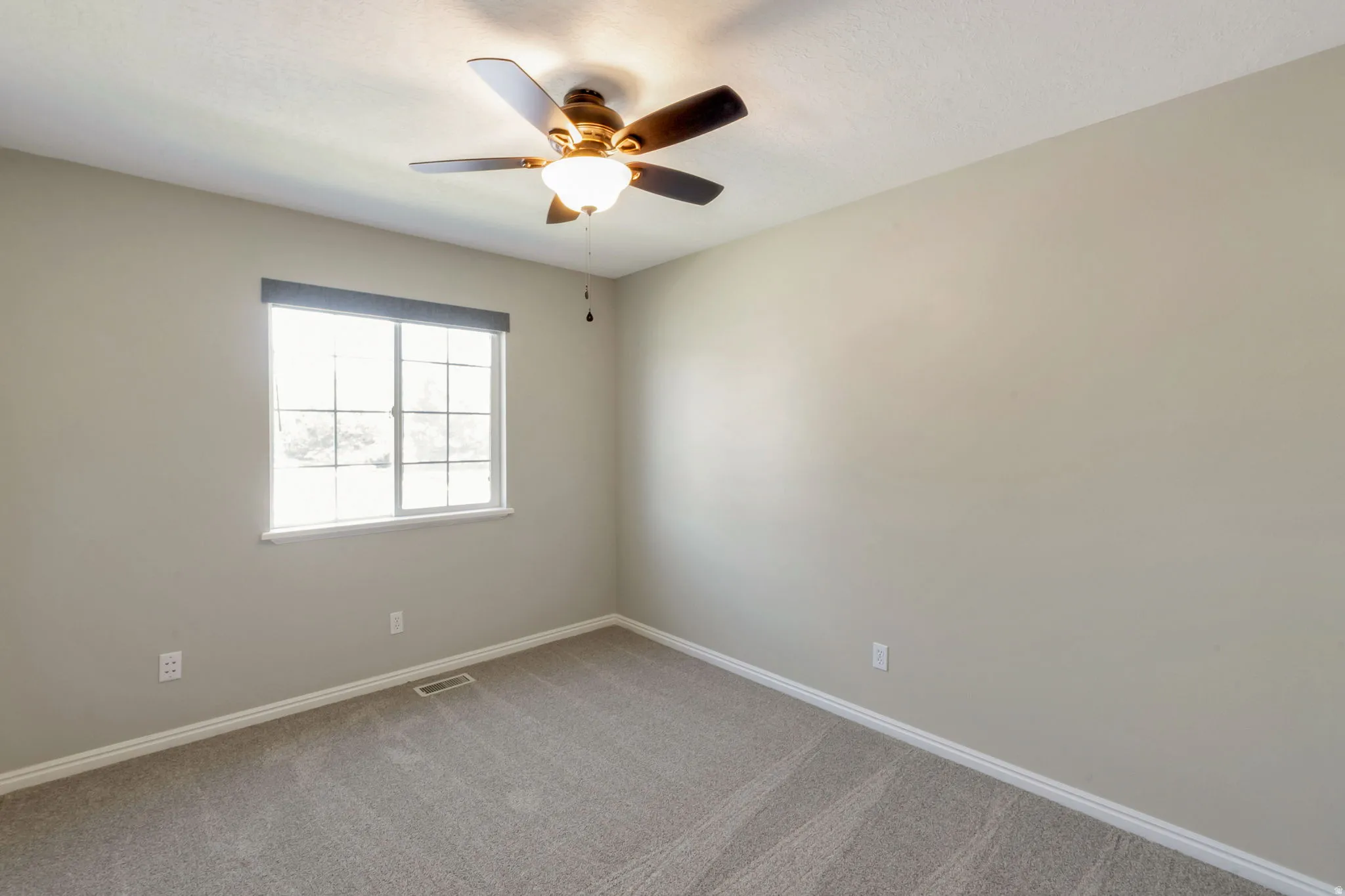 Room featuring neutral wall tones, textured carpeting, and a multi-pane window