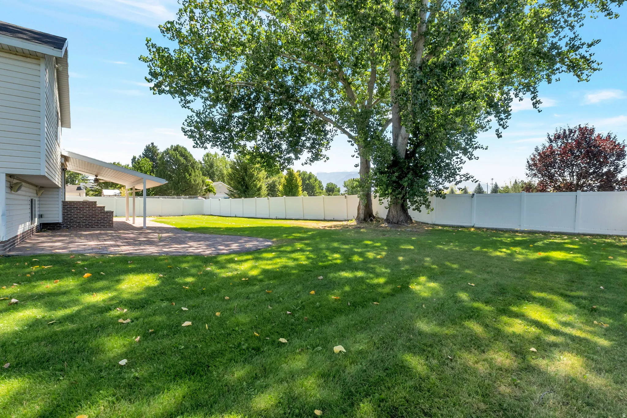 Expansive grass lawn featuring mature trees and a full privacy fence