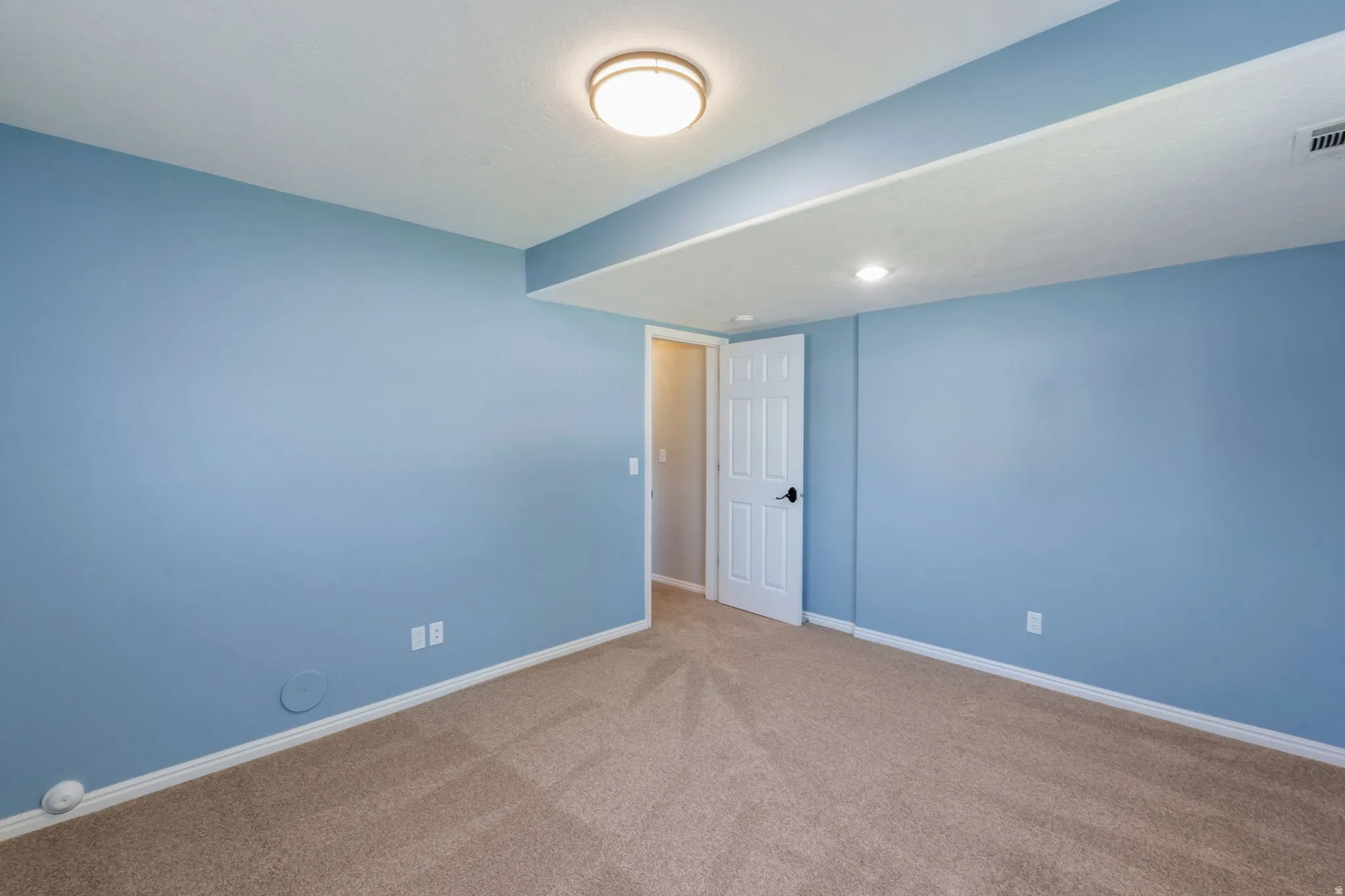 Carpeted room with light blue walls, white trim, and a white paneled door