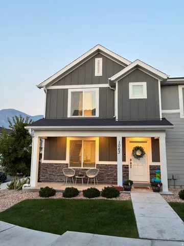 Contemporary facade featuring dark gray vertical siding and white trim