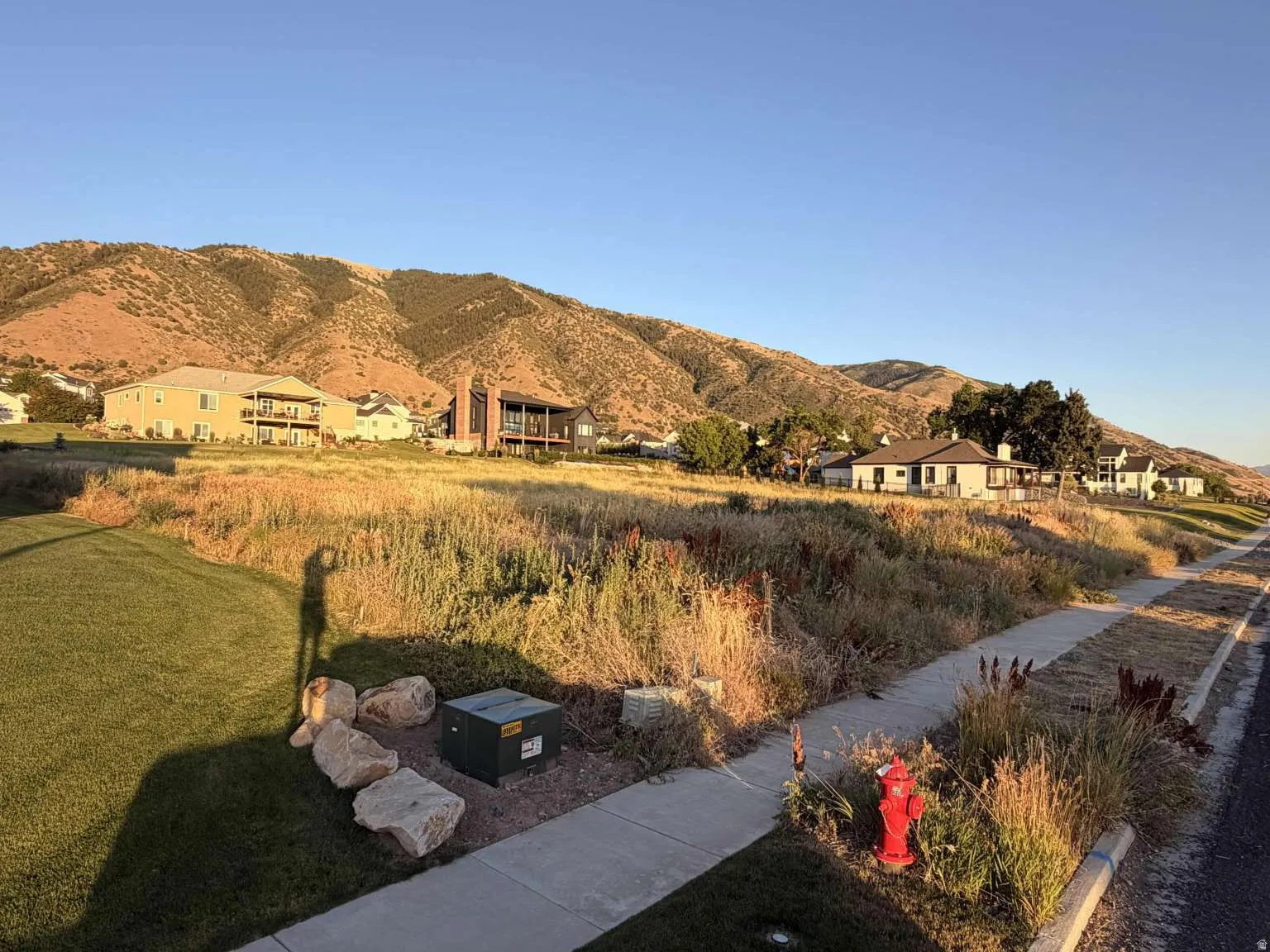Expansive lot featuring a grassy foreground, mature natural landscaping, and a concrete sidewalk