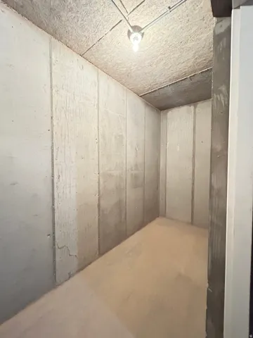 Concrete walls featuring vertical panel divisions, a light-colored concrete floor, and an exposed bulb fixture on the ceiling