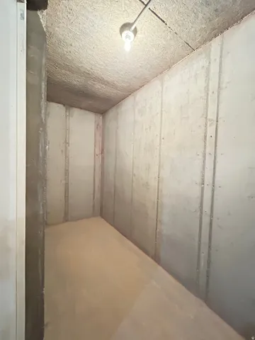 Storage area featuring concrete walls and flooring, with a visible light fixture