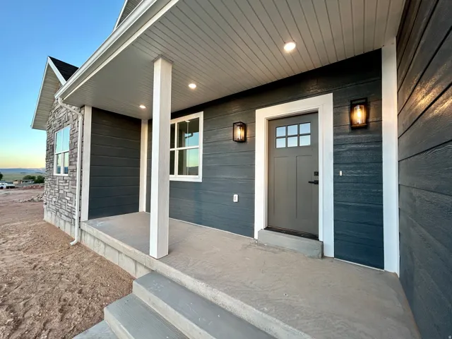 Covered front porch featuring concrete steps, two white support columns, and a gray entry door with decorative lites