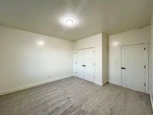 Room featuring plush carpet flooring, bright white walls, a flush-mount ceiling light, and two white paneled doors with black hardware