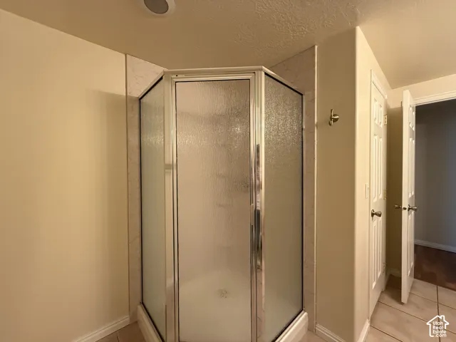 Corner shower enclosure with texture glass panels and a chrome frame