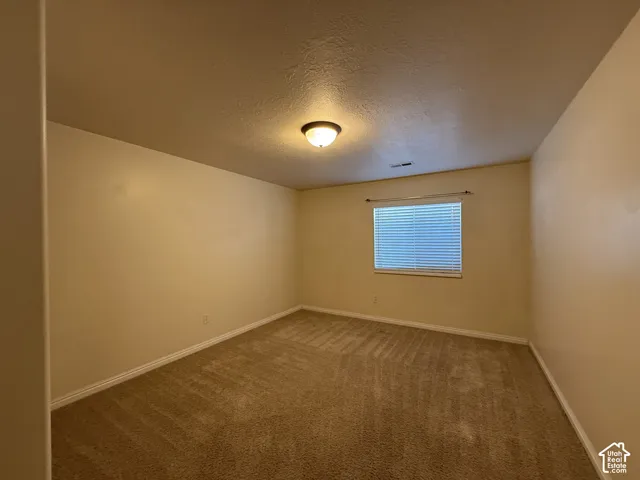 Carpeted flooring with neutral wall tones and a single window with blinds