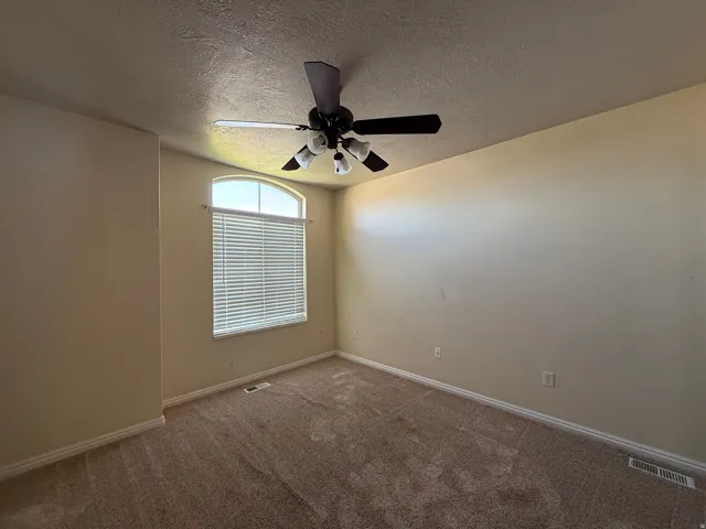 Arched window with blinds, ceiling fan with integrated lighting, textured ceiling, and carpeting