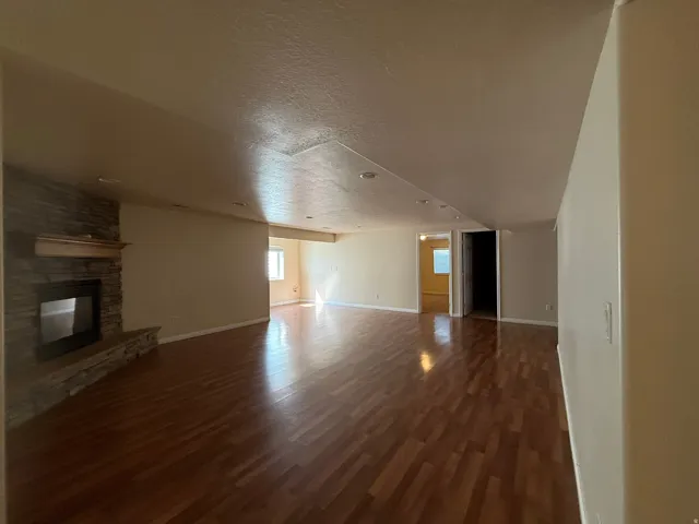 Recessed lighting, wood-finish flooring, stone-clad fireplace, and a wood mantel