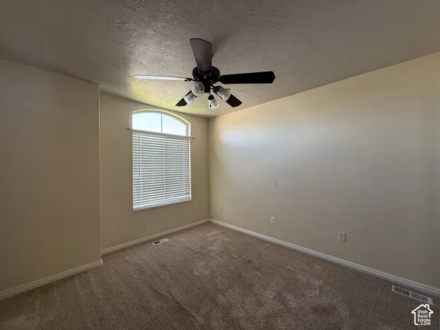 Arched window with blinds, ceiling fan with integrated lighting, textured ceiling, and carpeting