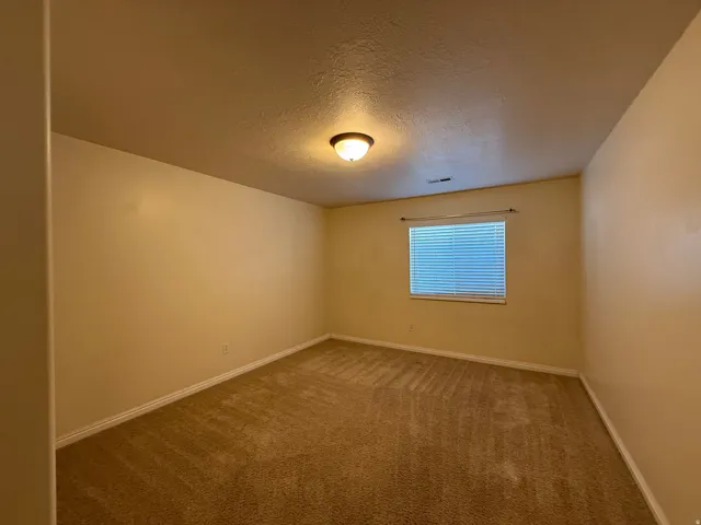Carpeted flooring with neutral wall tones and a single window with blinds