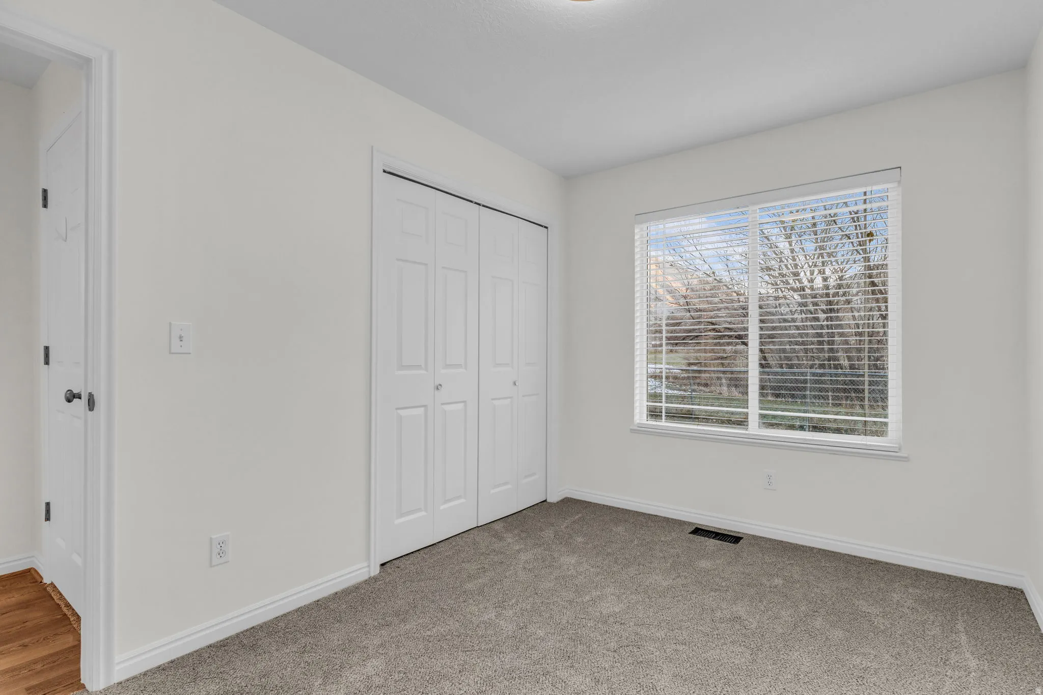 Bright room featuring a large window with horizontal blinds, grey carpet flooring, and a white bi-fold closet