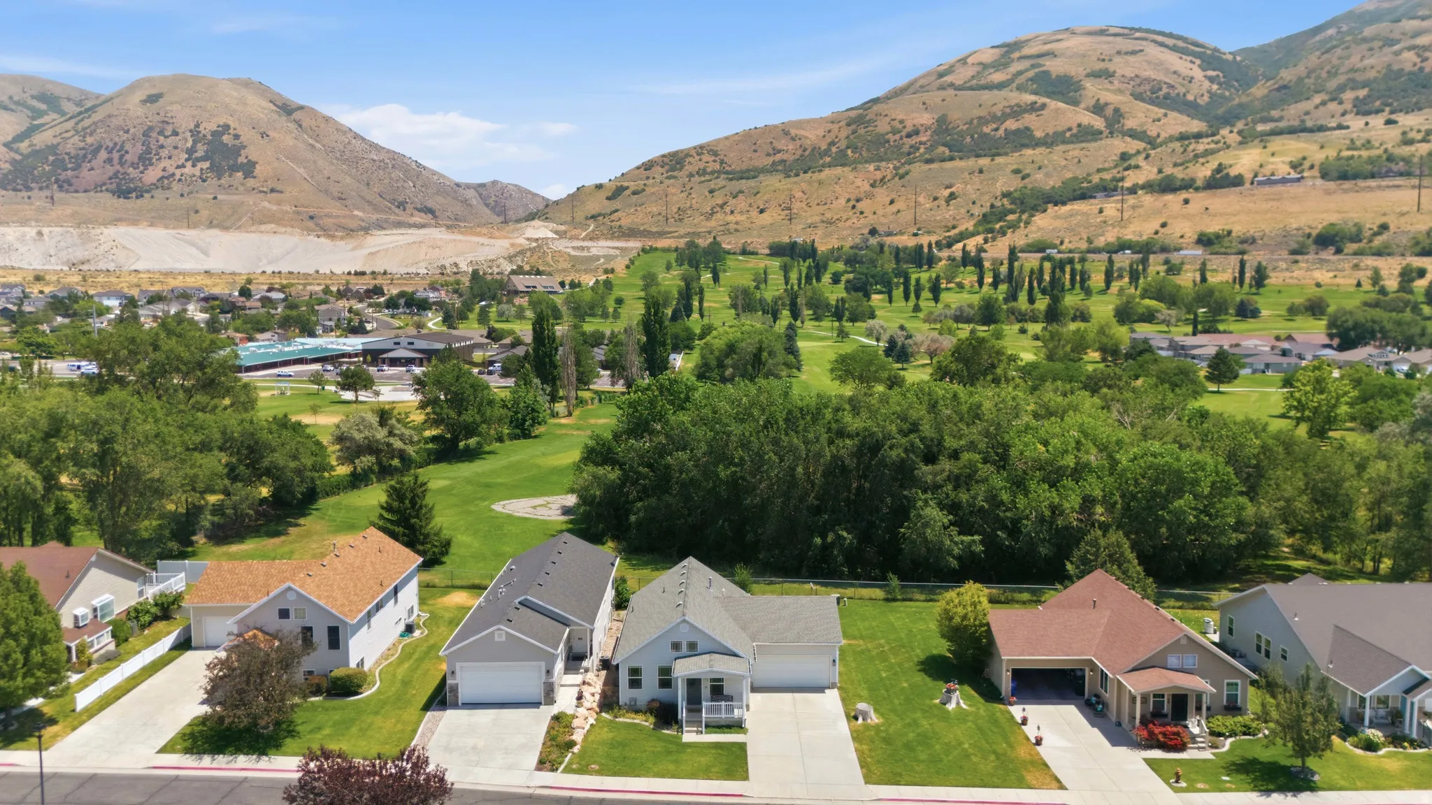 Aerial perspective showcasing residential properties with a mountainous backdrop