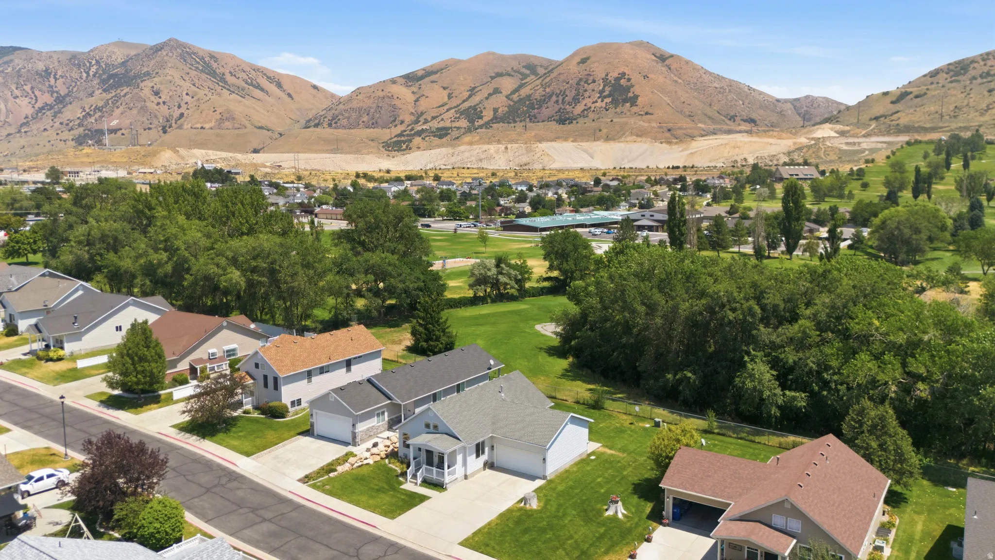 Aerial perspective showcasing a residential street with single-family homes, mature trees, and manicured lawns