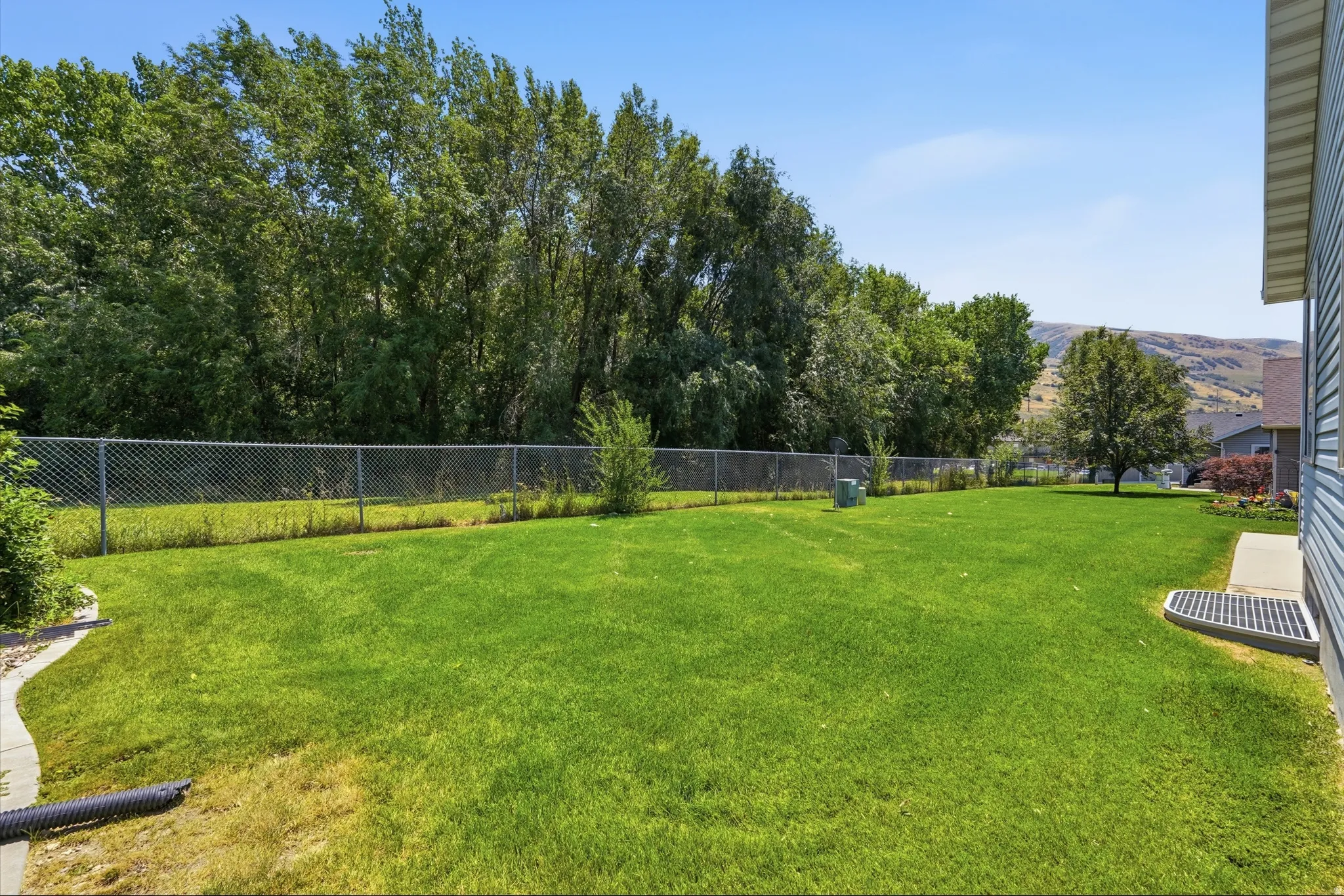 Expansive green lawn with a chain-link perimeter fence, bordered by mature trees and a concrete walkway leading to the home's siding